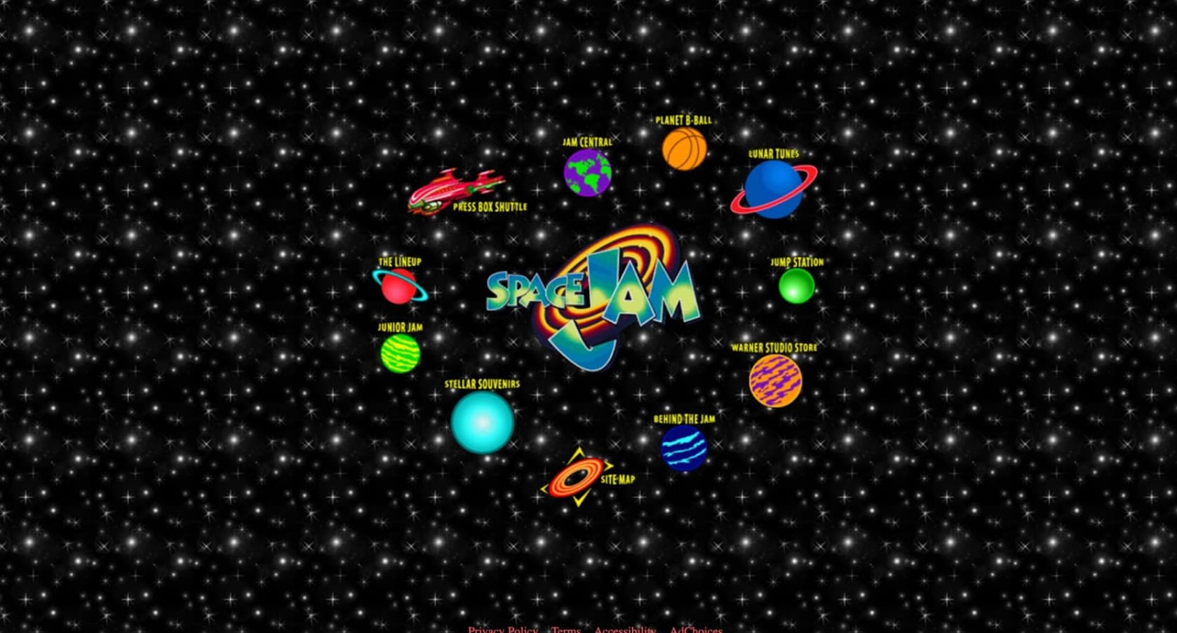 space jam website 1996 - The Lineup Junior Jam Press Box Shuttle Jam Central Planet BBall Lunar Tunes Spalam Stellar Souvenirs Site Map Behind The Jam Privacy Policy Terms Arnaccibilito AdChoices Jump Station Warner Studio Store